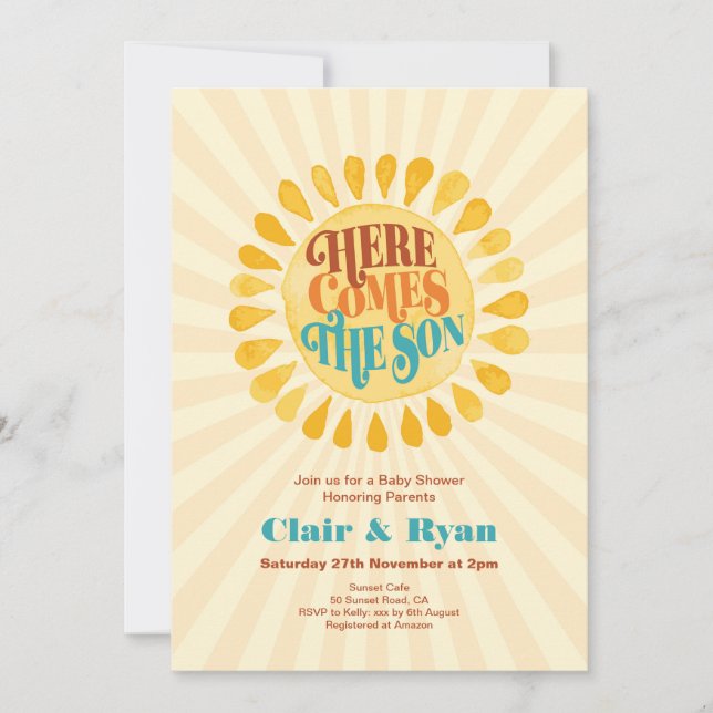 Retro Boy Baby Shower, Here comes the Son Invitation (Front)