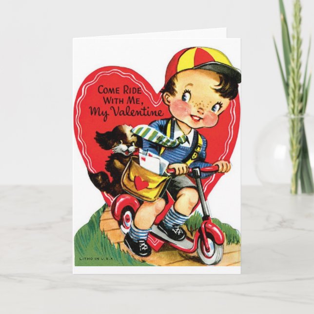 Retro Boy On Scooter With Puppy Valentine Holiday Card (Front)