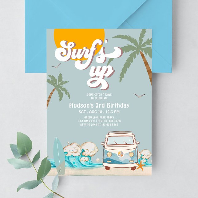 Retro Boy Surf's Up Surfing Birthday Party Invitation (Creator Uploaded)
