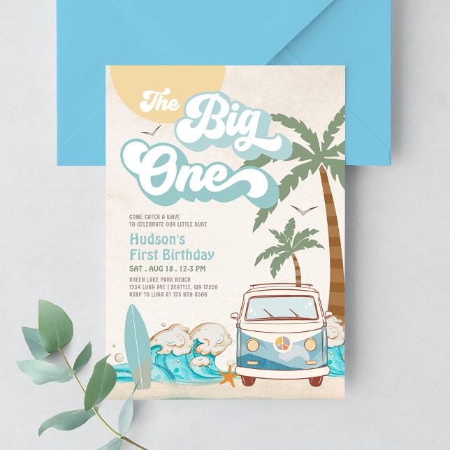 Retro Boy The Big One Surfing 1st Birthday Party Invitation (Creator Uploaded)