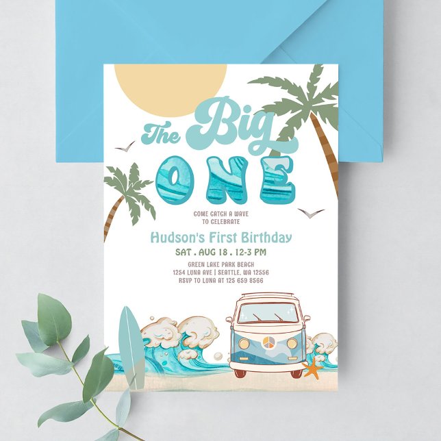 Retro Boy The Big One Surfing 1st Birthday Party Invitation (Creator Uploaded)