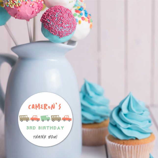 Retro Boys Toys Fun Transport Birthday Party Favou Classic Round Sticker (Retro Boys Toys Fun Transport Kid's Birthday Party Favor Sticker / Food Or Drinks Label)