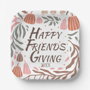Retro branches, leaves and pumpkins Friendsgiving Paper Plate