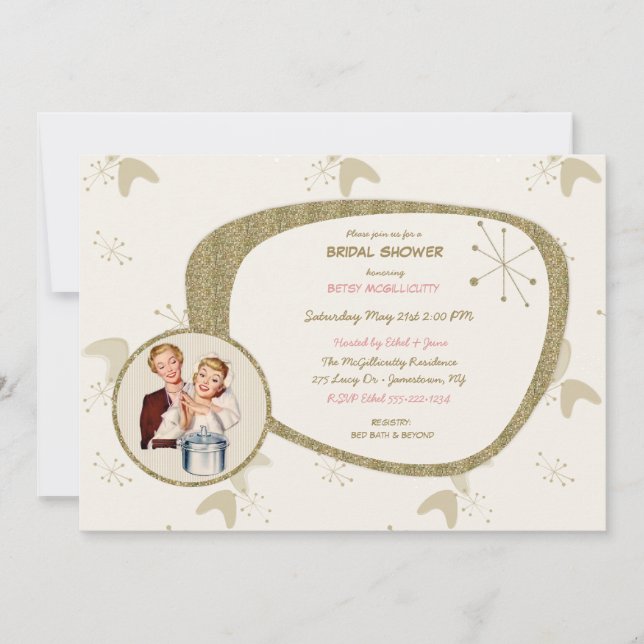 Retro Bride 50s Mid Century Modern Gold Glitter Invitation (Front)