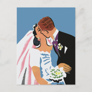 Retro Bride and Groom, Wedding RSVP Invitation Postcard