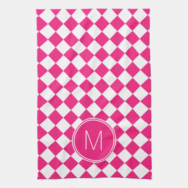 Retro Bright Pink and White Chequered Check Tea Towel (Vertical)