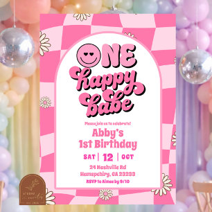 retro bright pink one happy babe birthday invitation