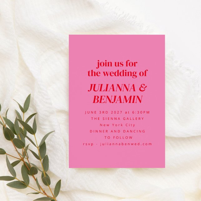 Retro Bright Pink Red Modern All In One Wedding Invitation (Creator Uploaded)