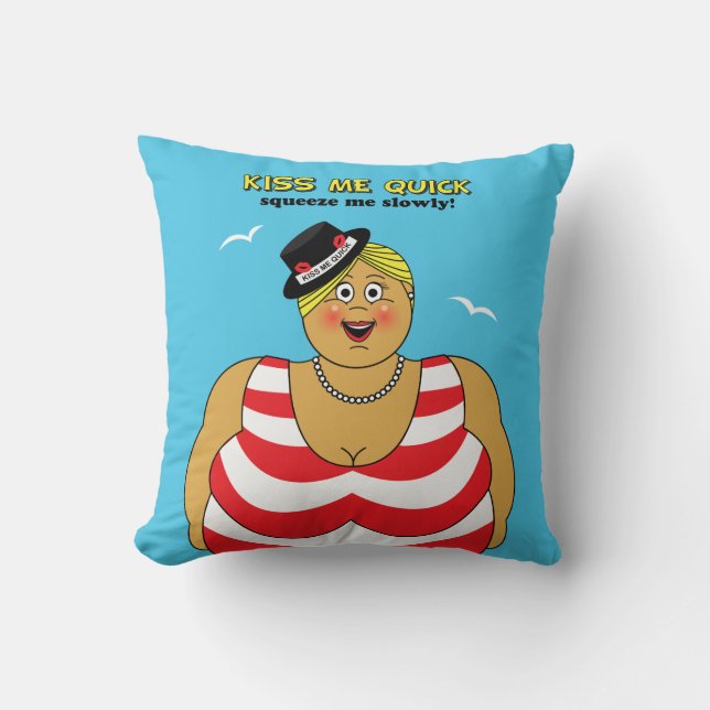 Retro British Seaside Kiss Me Quick Lady Cushion (Front)