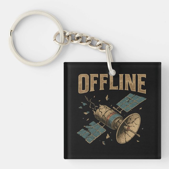 Retro Broken Satellite "OFFLINE" Space Art Key Ring (Front)
