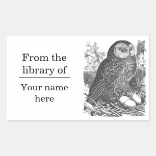 Retro brooding owl drawing bookplate rectangular sticker