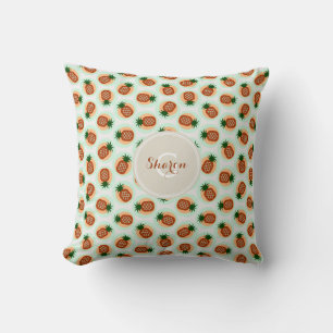 Retro brown and mint pineapple patterns monogram cushion