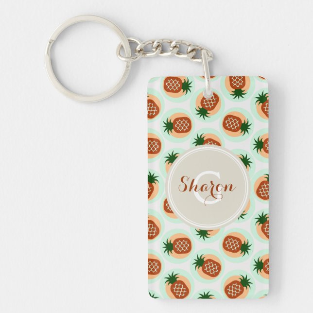 Retro brown and mint pineapple patterns monogram key ring (Front)