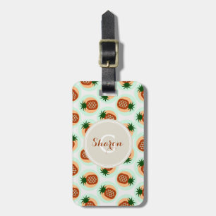 Retro brown and mint pineapple patterns monogram luggage tag