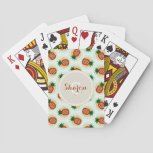 Retro brown and mint pineapple patterns monogram playing cards