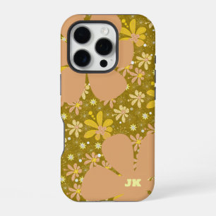 Retro Brown and Yellow Floral Monogram iPhone 16 Pro Case