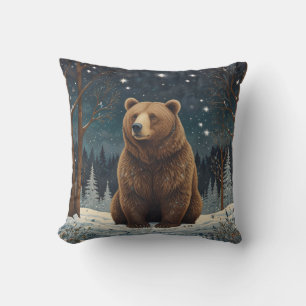Retro brown bear midnight winter landscape cushion
