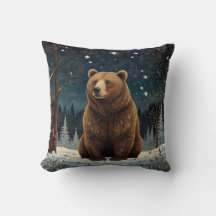 Retro brown bear midnight winter landscape