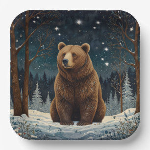 Retro brown bear midnight winter landscape paper plate