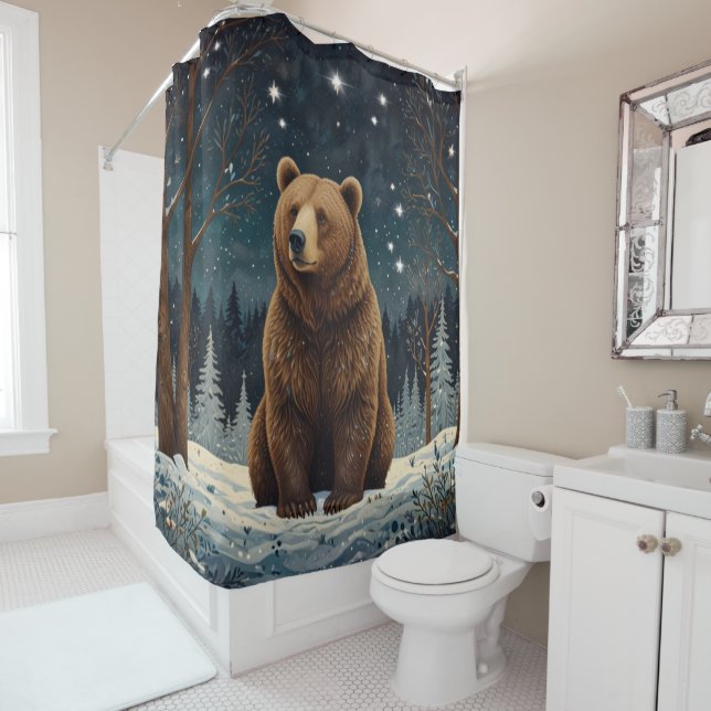 Retro brown bear midnight winter landscape shower curtain (In Situ)