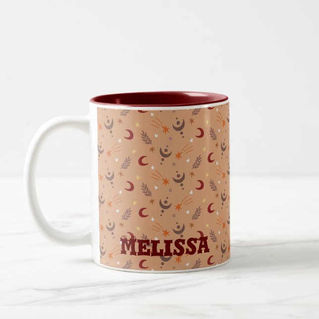Retro Brown Boho Whimsical Pattern Personalised  Two-Tone Coffee Mug (Left)