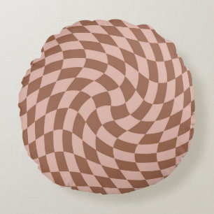 Retro Brown Checks Warped Chequered Dorm Room Round Cushion