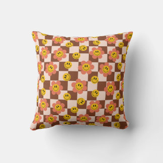 Retro Brown Chequered Pattern with flowers Cushion