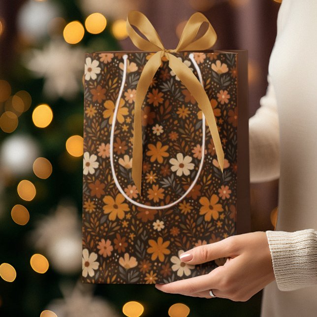 Retro Brown Floral Pattern Medium Gift Bag (Creator Uploaded)