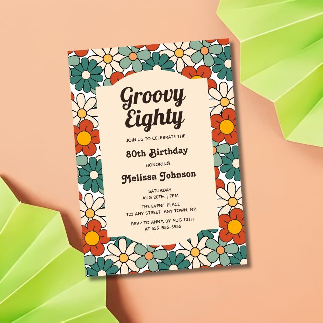 Retro Brown Green Floral Groovy 80th Birthday Invitation (Creator Uploaded)