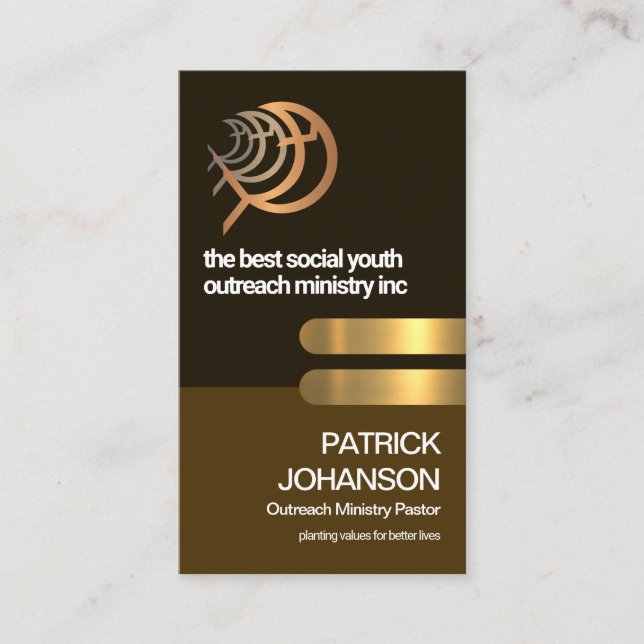 Retro Brown Layer Gold Tab Religious Fish Ministry Business Card (Front)