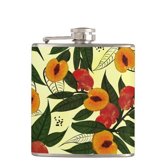 Retro Brown Orange Red green Cherry Fruit & flower Hip Flask (Front)