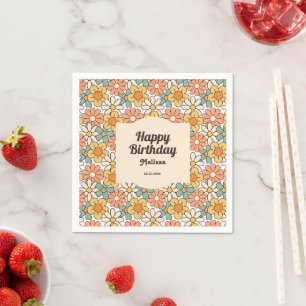 Retro Brown Peach Floral Groovy Birthday Napkin