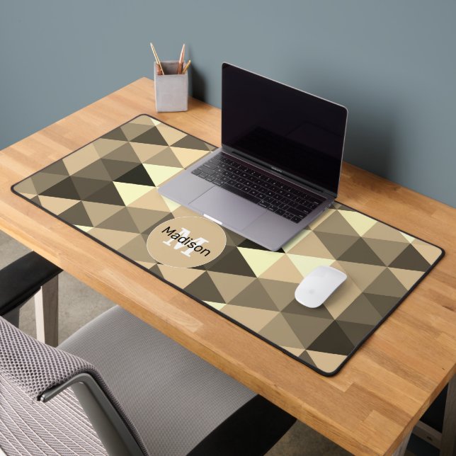Retro brown sepia triangles pattern Monogram Desk Mat (Office 2)