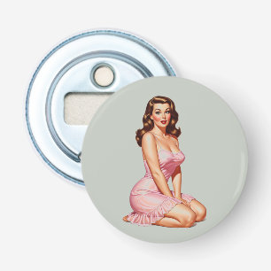 Retro Brunette Pin-up Girl in Pink Bottle Opener