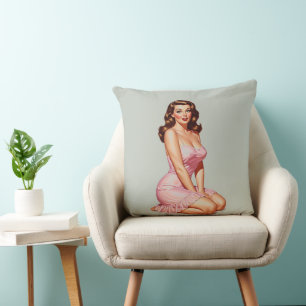 Retro Brunette Pin-up Girl in Pink  Cushion