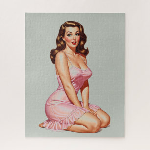 Retro Brunette Pin-up Girl in Pink  Jigsaw Puzzle