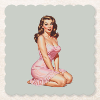 Retro Brunette Pin-up Girl in Pink Paper Coaster