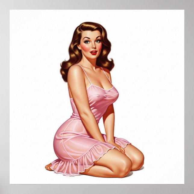 Retro Brunette Pin-up Girl in Pink  Poster (Front)