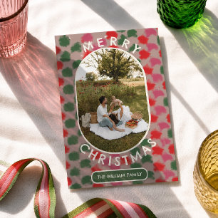 Retro Brush Pattern Merry Christmas Family Photo Holiday Card