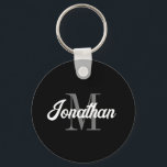 Retro Brush Script Black Grey White Monogram Key Ring<br><div class="desc">This personalised keychain features their name in vintage-inspired white retro brush script over their monogram initial in grey serif font on a black background. A simple yet distinctive design that makes a great gift for a man or woman.</div>