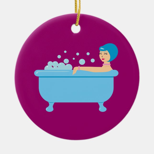 Retro Bubble Bath Girl Ceramic Tree Decoration (Front)