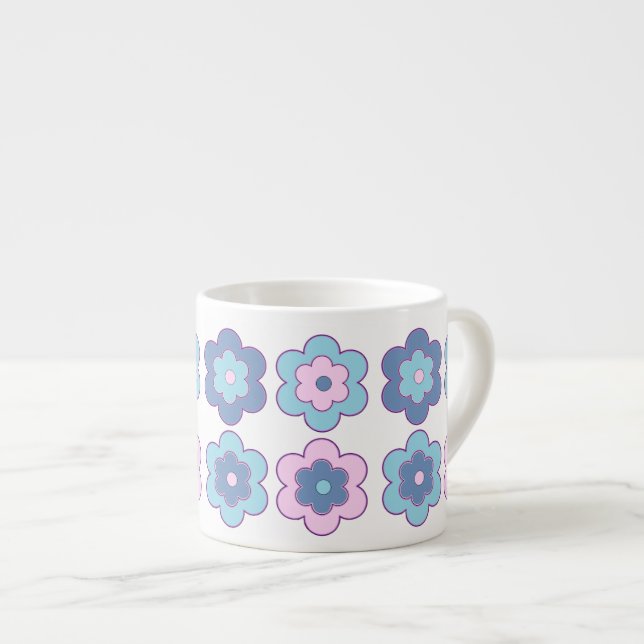 Retro Bubble Flowers (Pink and Blue) Pattern Espresso Cup (Front Right)