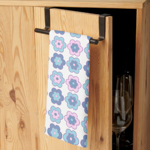 Retro Bubble Flowers (pink and blue) Pattern Tea Towel