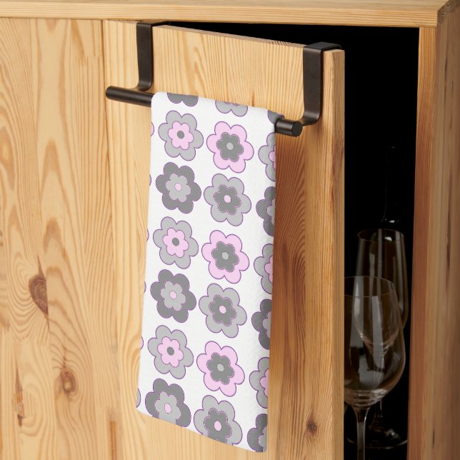 Retro Bubble Flowers (pink and gray) Pattern Tea Towel (Thirds Fold)