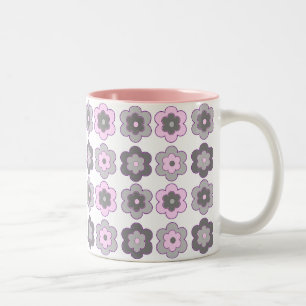 Retro Bubble Flowers (pink and gray)  Pattern Two-Tone Coffee Mug