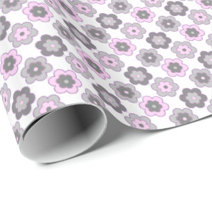 Retro Bubble Flowers (Pink and Grey) Pattern Wrapping Paper