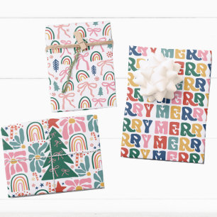 Retro Bubble Letter and Bows Kids Christmas Wrapping Paper Sheet