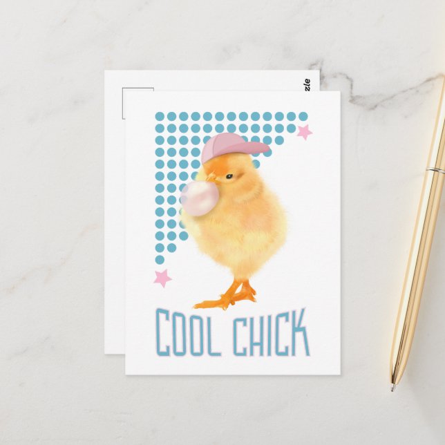 Retro Bubblegum Blowing Chick - Cool Chick Postcard (Front/Back In Situ)