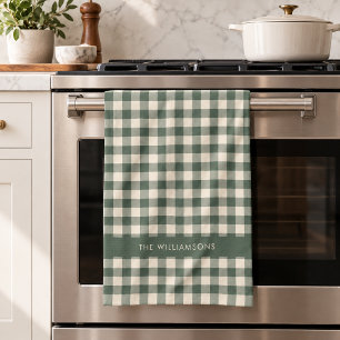 Retro Buffalo Plaid Forest Green Personalised Name Tea Towel