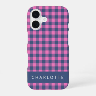 Retro Buffalo Plaid Pink Blue Personalised Name iPhone 16 Case